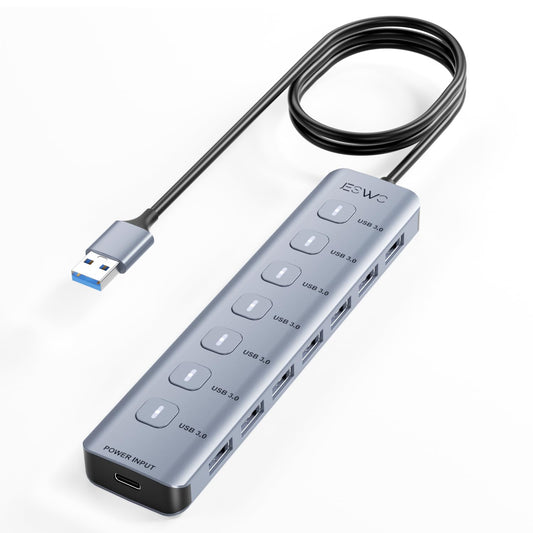 JESWO Hub USB 3.0, 7 Puertos Adaptador USB de Aluminio con LED e Interruptores, Cable de Extensión de 1m, Multi USB para PC, Portátil, Macbook Pro etc.