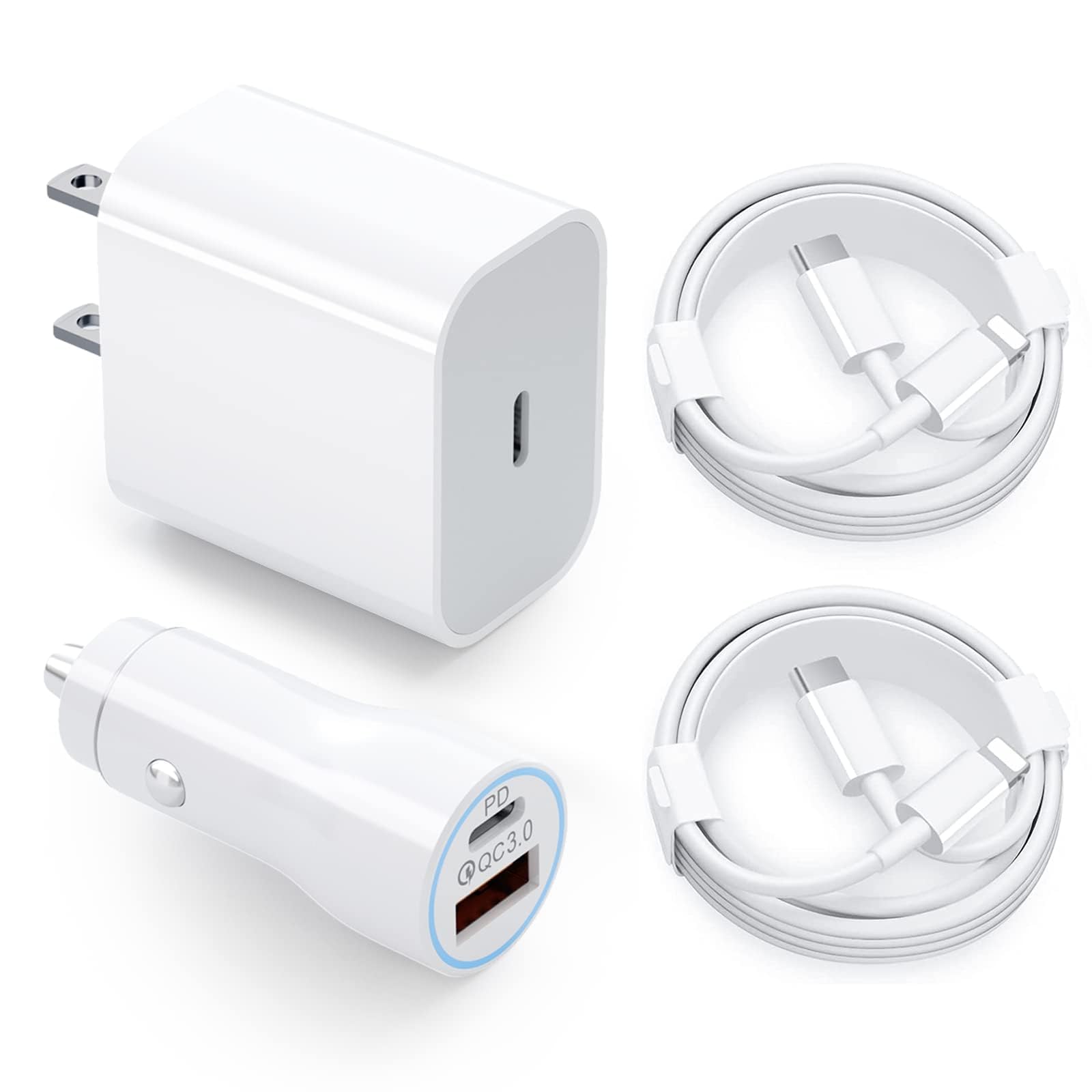 Uniytriox 20W Cargador Tipo C con Cable iPhone, 38W Car Charger Combo Kit, 2 Puertos Adaptador de Coche Tipo C y QC 3.0 de Aluminio Quick Charger Compatible con iPhone 14 13 12 11 Pro MAX Mini