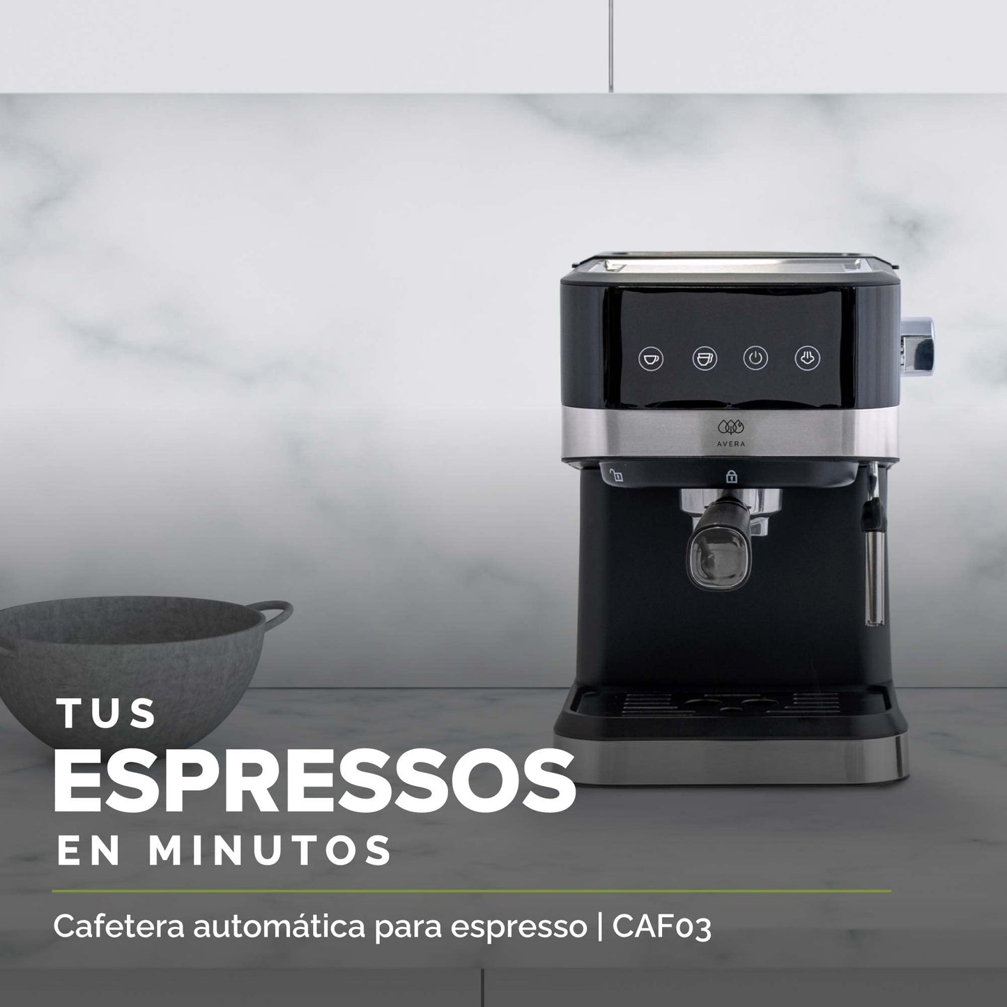 AVERA Cafetera Espresso y Capuchino con Espumador de Leche, Automatica, Incluye 2 Tazas, Tanque de Agua 800ml, 15 Bares, Color Negro y Acero Inoxidable, CAF03
