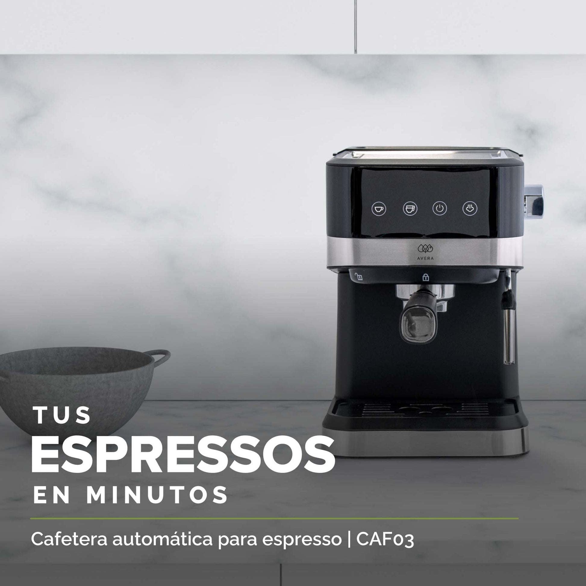 AVERA Cafetera Espresso y Capuchino con Espumador de Leche, Automatica, Incluye 2 Tazas, Tanque de Agua 800ml, 15 Bares, Color Negro y Acero Inoxidable, CAF03