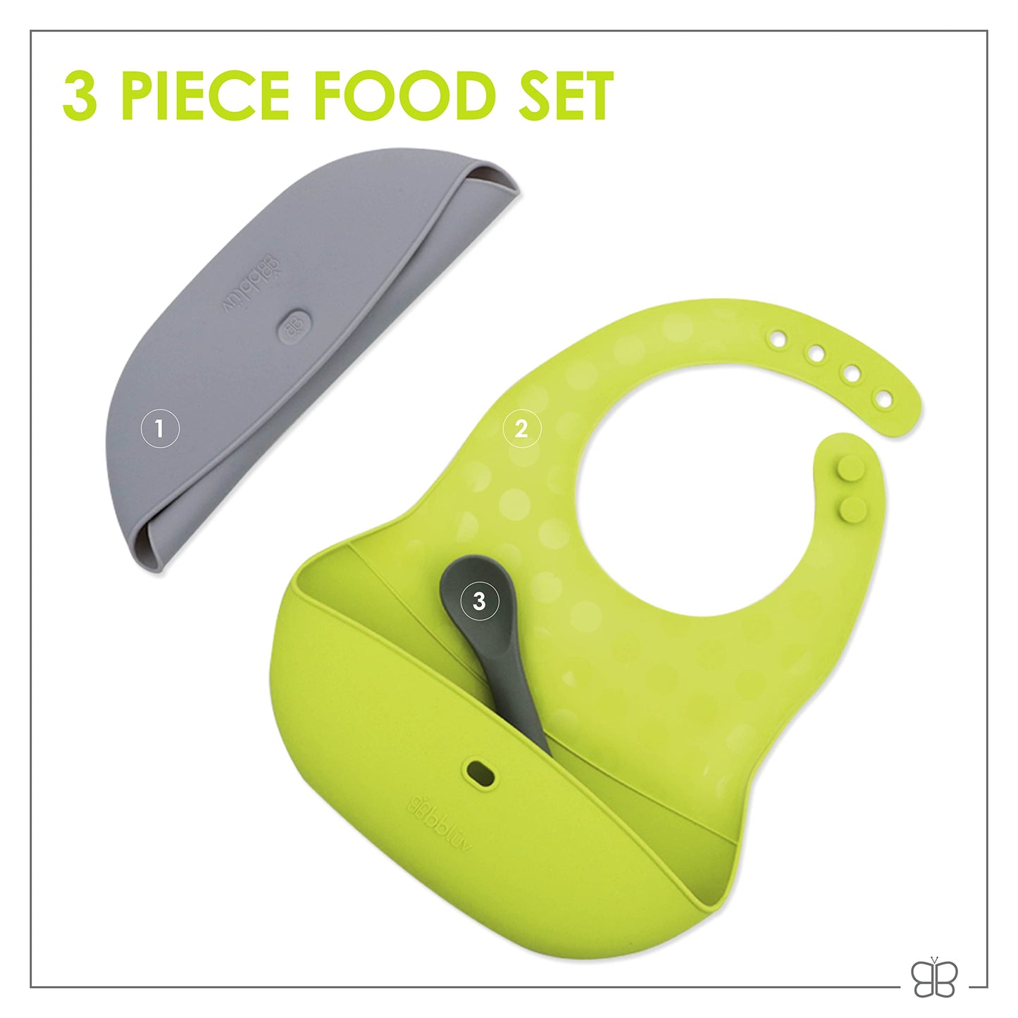 Bblüv - Pöket - Juego de 2 baberos de silicona para bebé y una cuchara, plegables, plegables, enrollables, compactos y ligeros, Lime, One Size