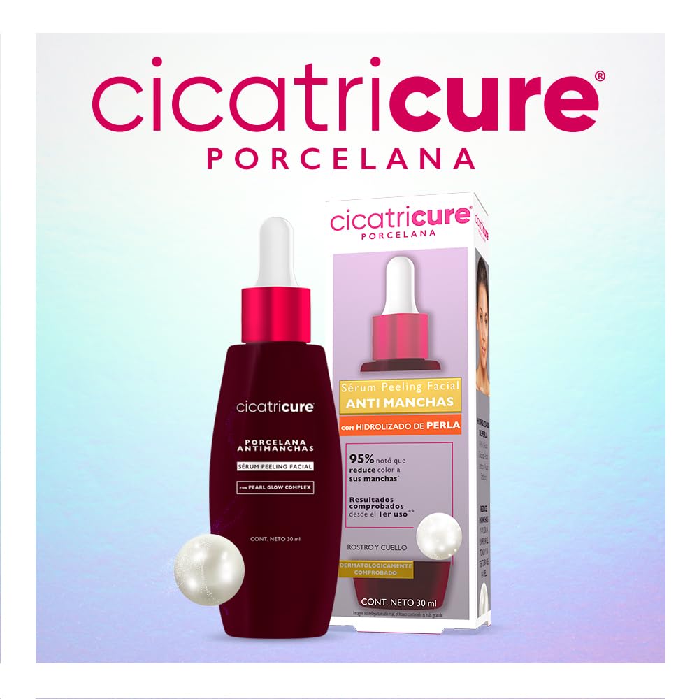 CICATRICURE - Porcelana Serum Peeling Facial. Efecto anti-manchas con hidrolizado de perla, mejora la textura, luminosidad y claridad de la piel. Uso para rostro y cuello, botella con 30ml
