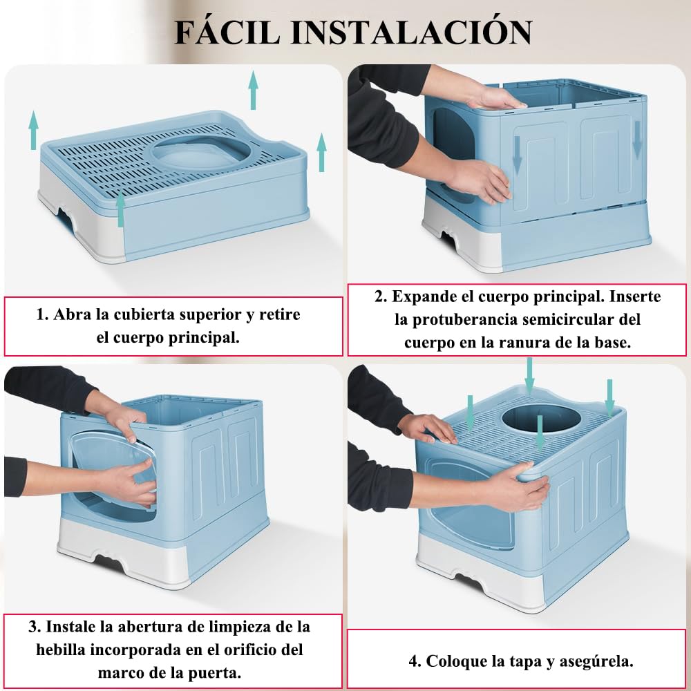 Jiula Caja de Arena para Gatos Plegable Cerrada, Caja de Arena con Cajón y Cuchara, Fácil de Limpiar, Adecuada para Viajar con Mascotas, Puerta Lateral Móvil Dos Direcciones, Gris, 41 * 51 * 44 CM