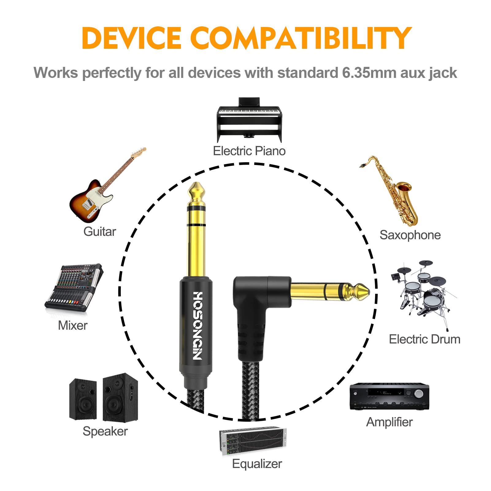HOSONGIN Cable de instrumento TRS de 1/4 pulgadas, paquete de 2 unidades, de 10 pies, ángulo recto a recto 6.35 mm, cable de audio estéreo masculino, línea de interconexión equilibrada para guitarra eléctrica, bajo, teclado, mezclador, amplificador, altav