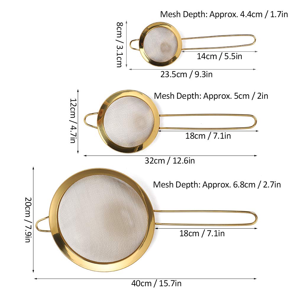 Colador de malla fina | Colador de aceite de acero inoxidable con mango largo | 3.1 ", 4.7", 7.9 "| Adecuado para albóndigas, wonton, fideos | Titanio dorado