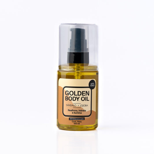 LET'S COCO | Golden Body Oil - Reafirma, hidrata e ilumina, Skin Let's Coco - Aceite de Jojoba y Sándalo Para Uso en Todo el Cuerpo, Hidrata y tonifica tu piel - Contenido Neto 100 ml - Ideal para viaje