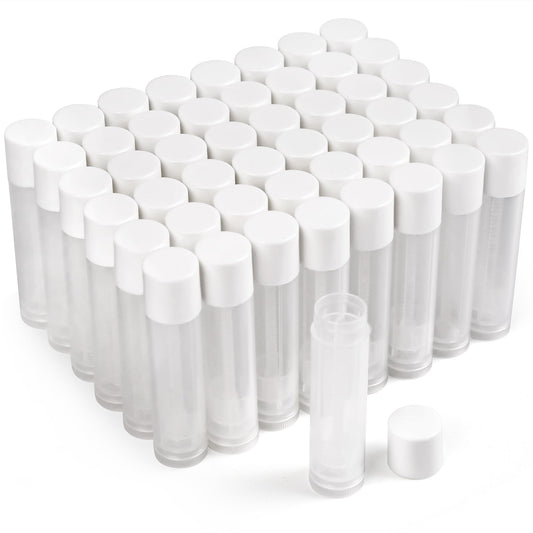 LotFancy 60 tubos de bálsamo labial vacíos, 5,5 ml (3/16 onzas), tubos transparentes con tapas blancas, sin BPA y sin fugas, rellenables, para maquillaje cosmético DIY