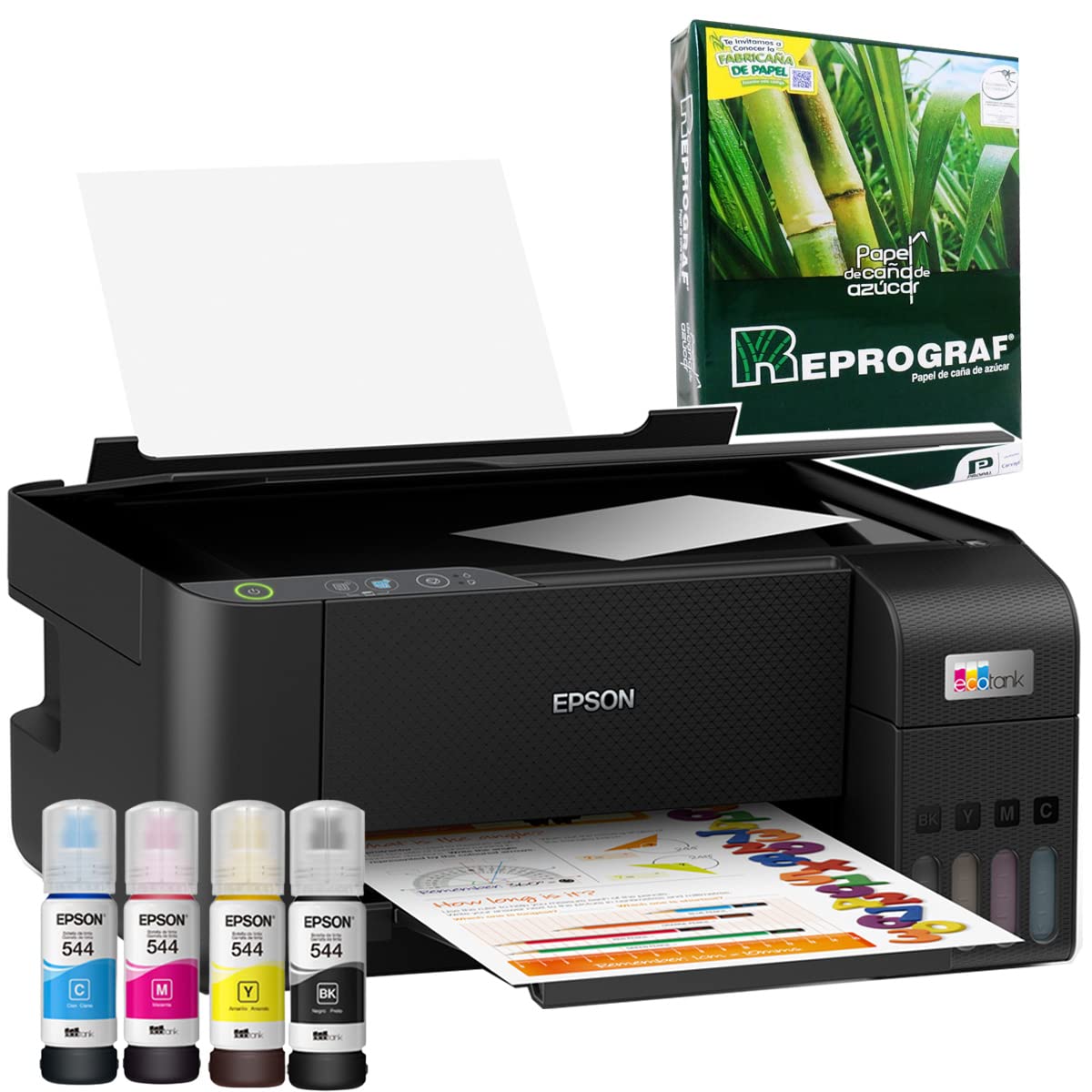 Epson Impresora Multifuncional Ecotank L3210+ con Paquete de 500 Hojas, Tanque de Tinta a Color para Hogar, conectividad USB