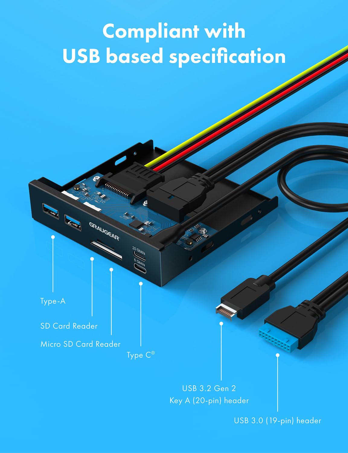 GRAUGEAR Hub USB de panel frontal de 3.5 pulgadas con lector de tarjetas interno, USB 3.2 Gen2 USB-C, puertos USB 3.0, ranuras para tarjetas SD MicroSD/TF, cabezal de llave A de 20 pines y conexión de alimentación SATA, bahía de 3.5 pulgadas [G-MP01CR]