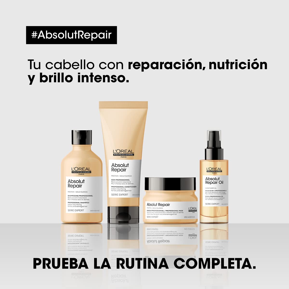 L'Oreal Professionnel Absolut Repair | Kit de reparación shampoo 500ml + mascarilla 75ml | Repara el daño y proporciona brillo al cabello | Con tecnología de quinoa dorada y proteínas | Para cabello dañado