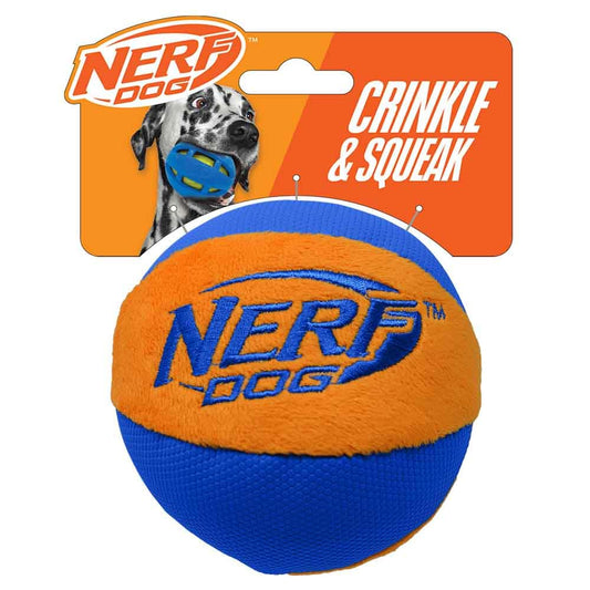 Juguete para Perro Nerf Dog Azul Naranja con Chirriador Interactivo y Crujiente para Razas Medianas/Grandes