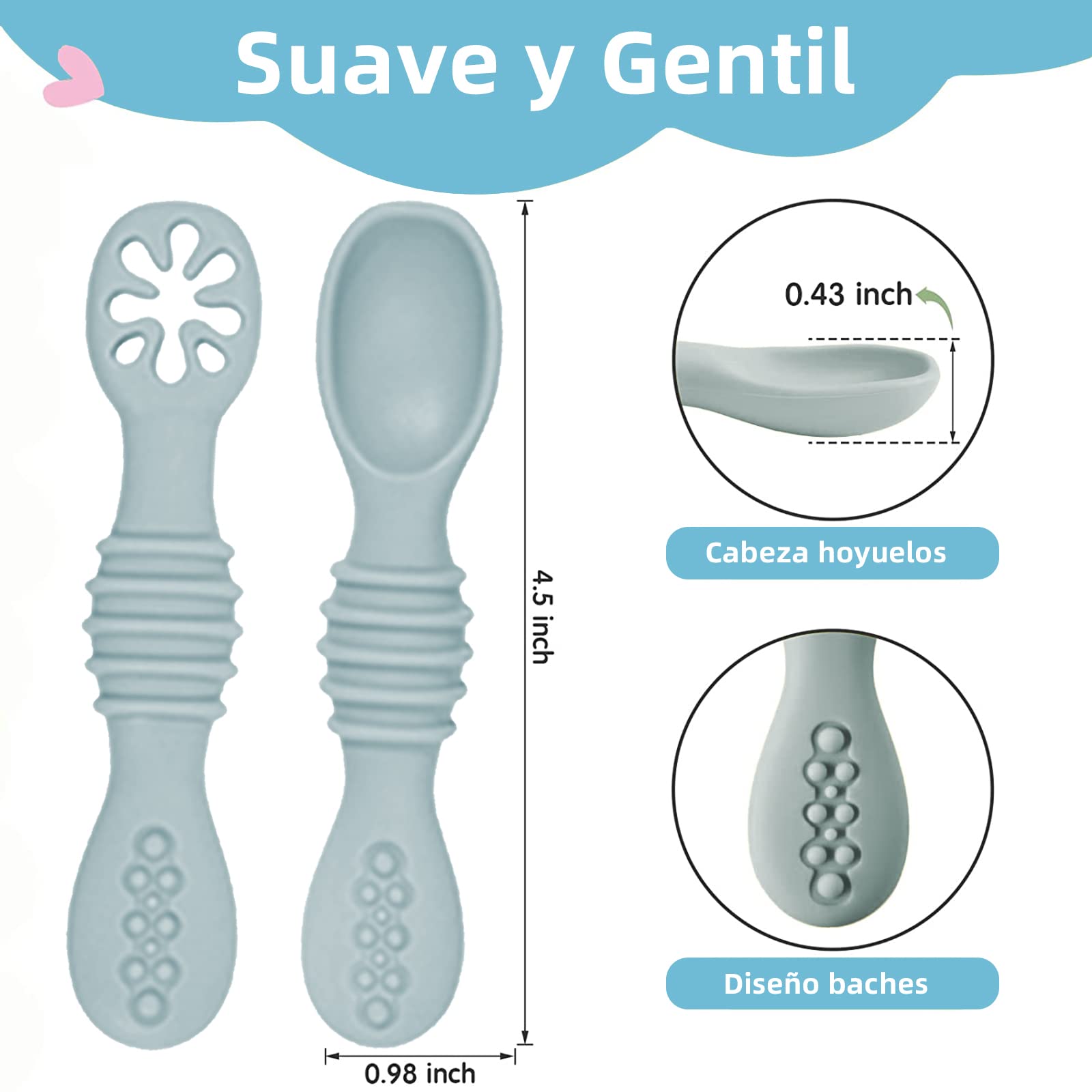 LEIDSANY Cucharas para bebe, cucharas de silicio para dietas de entrenamiento, silicona suave no contiene BPA, ejerce hábitos alimenticios independientes, aptos para bebe de todas etapas(Azul)