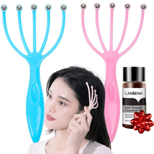 Duo Masajeadores Cuero Cabelludo Esferas Giratorias Acero Inoxidable alta Calidad Masaje Capilar + Aceite Crecimiento Cabello Solucion Regenera Detiene Caida Cabello