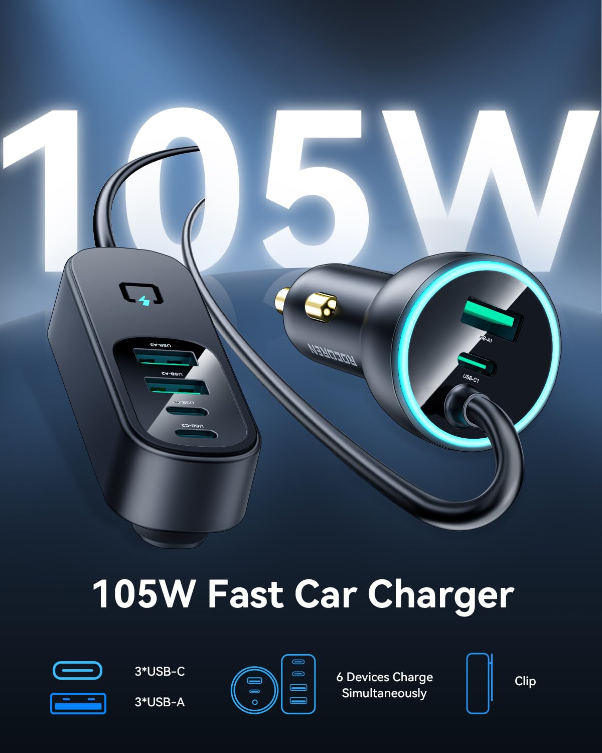 Rocoren 105W USB C Cargador de Coche, 6 Puertos para Viajes Familiares, PD 35W y QC3.0 30W Carga Rápida Multidispositivo, Cargador USB de Mechero con Cable de 5 pies para iPhone 15, iPad, Samsung S23