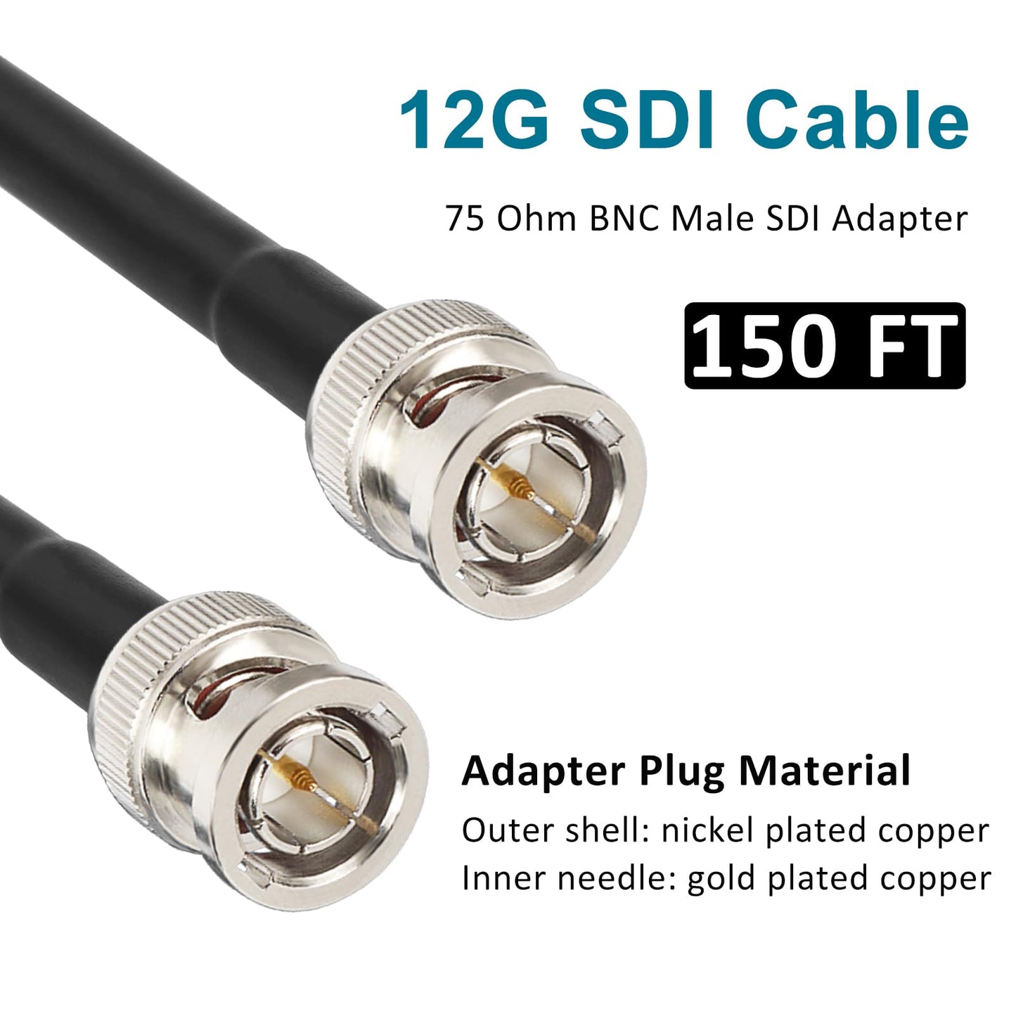 XRDS -RF Cables SDI 12G 45.7m, Cable de Video SDI 3G/6G/12G 75ohm BNC Macho Soporta HD-SDI/3G/6G-SDI/4K/8K para Cámara de Seguridad de Video Convertidor SDI