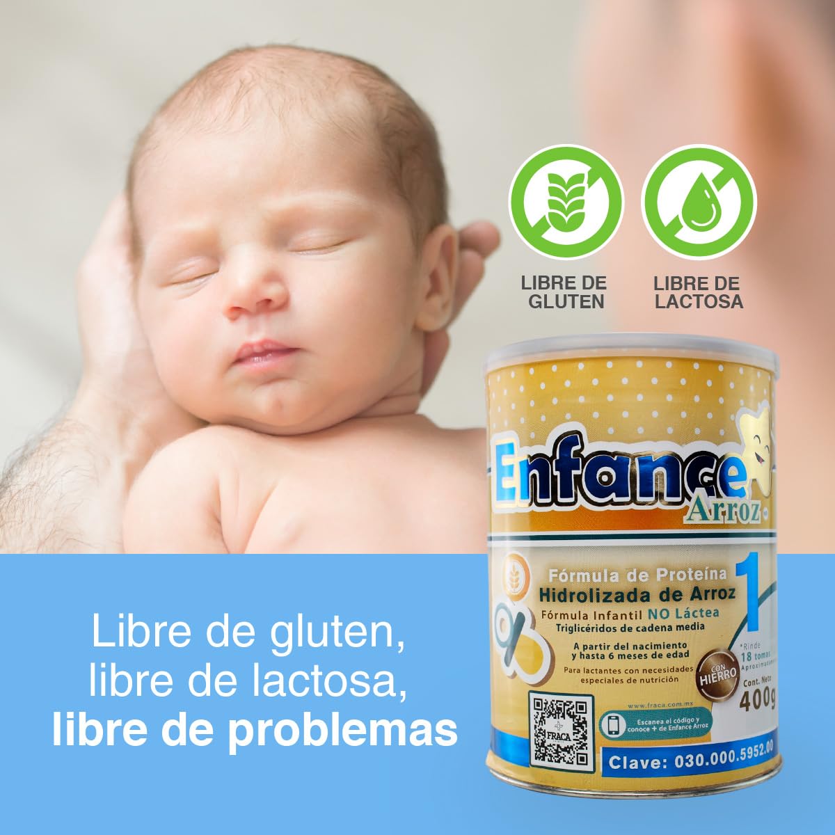 Fraca | Enface Arroz 1 | Fórmula infantil de proteína procesada de arroz | Libre de lactosa | Enriquecida con hierro |Desde 0 a 6 meses| Pack 3 latas 400g c/u