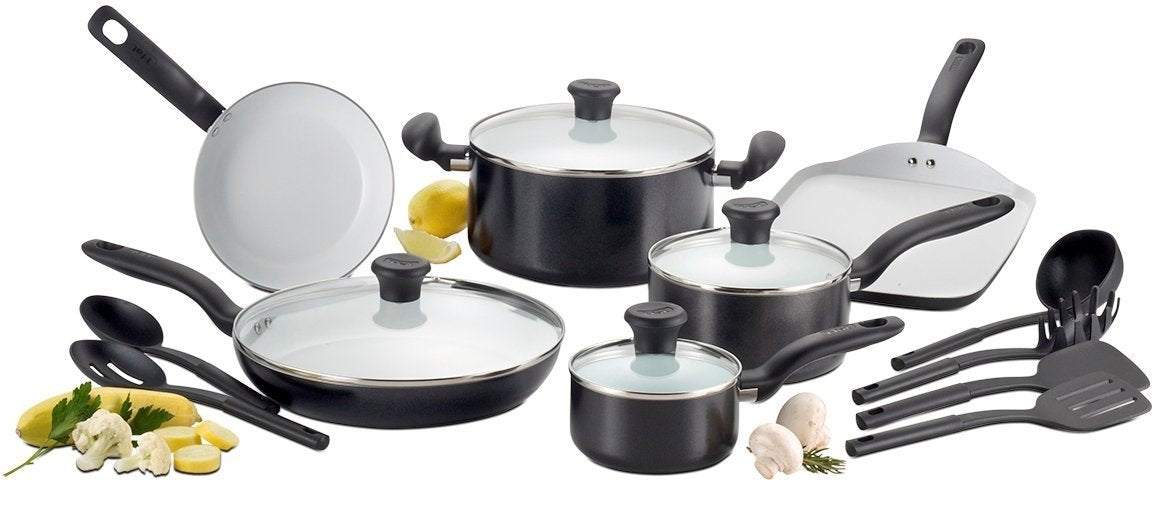 Juego de Utensilios de Cocina T-fal Negro con Cerámica Antiadherente de 16 Piezas apto para Horno
