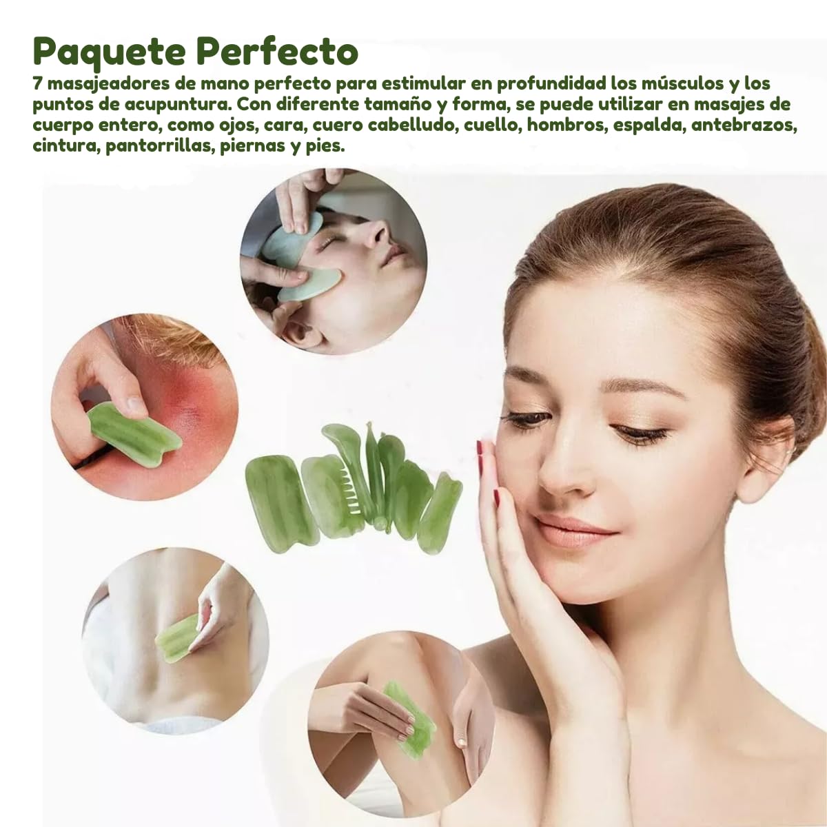 Herramientas de Masaje Gua Sha de Piedra de Jade Verde para Terapia Facial y Corporal