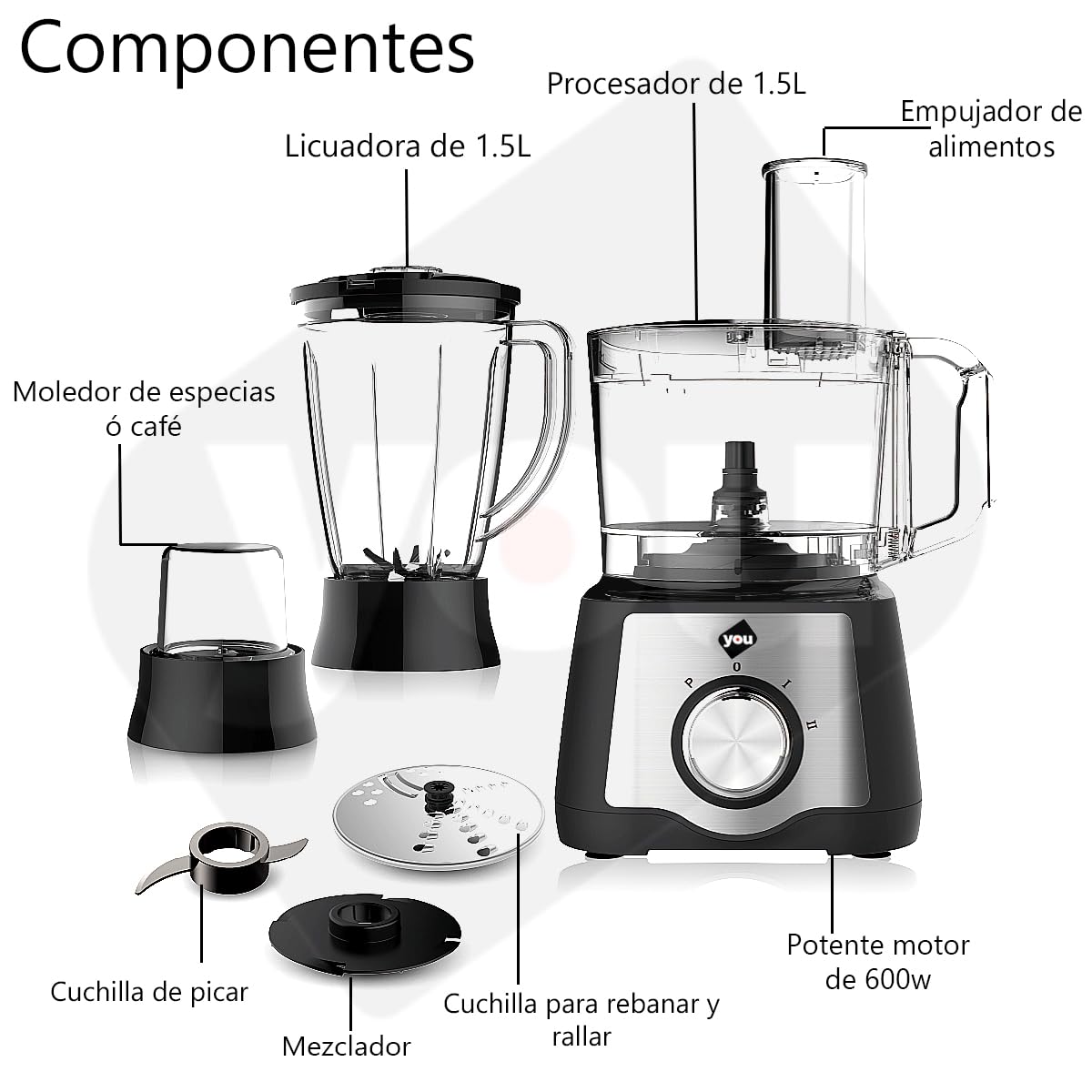 Sistema de Cocina 7 en 1 Profesional Negro 600W 3 Velocidades