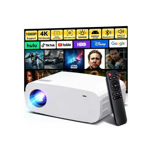 Proyector Portátil Inteligente Blanco con WiFi y Bluetooth, Aplicaciones Integradas y Enfoque Automático para Exteriores