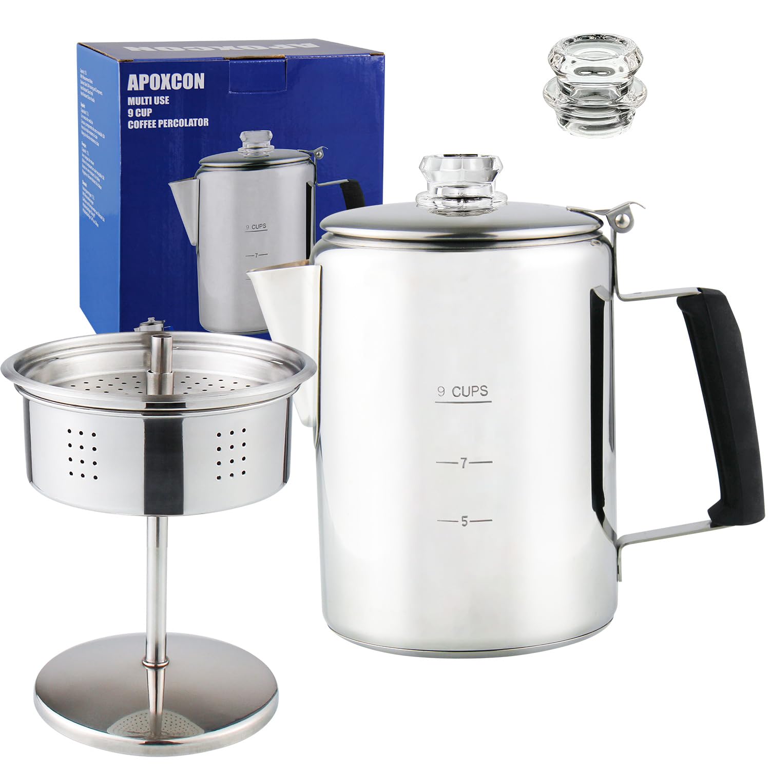 Cafetera APOXCON Plata de Acero Inoxidable con Pomos de Vidrio Borosilicato para Estufa y Camping, 9 Tazas