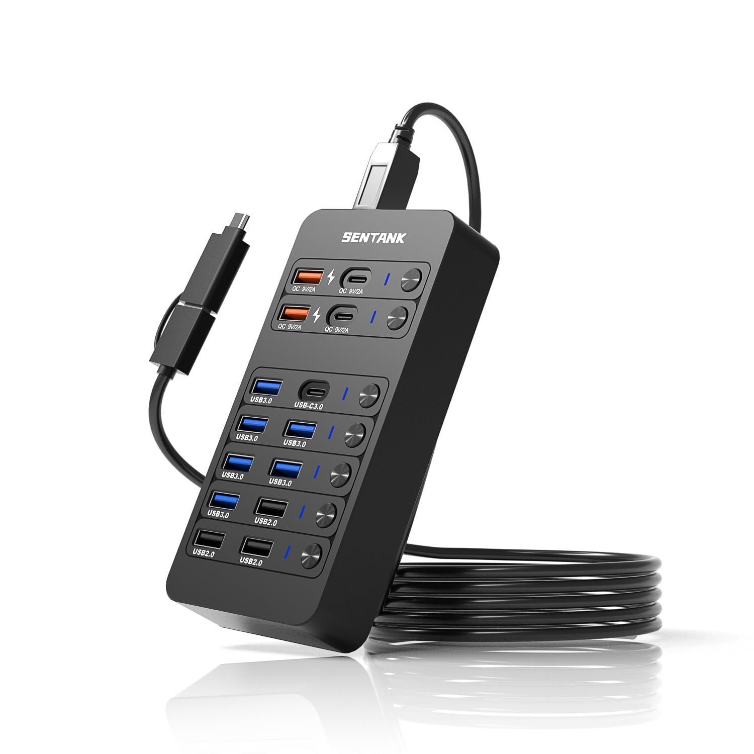 Hub USB SENTANK Negro con 14 Puertos y Carga Rápida