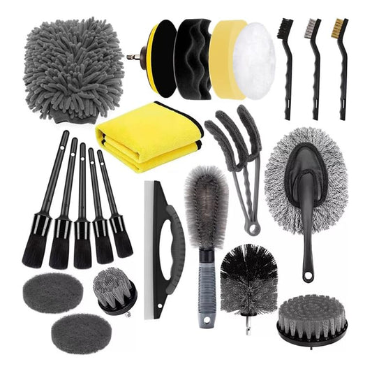 CaoMuKin Juego de Cepillos para Limpieza de Coches, Kit de Limpieza para Auto de 23 Piezas, Kit de Lavado para Interior, Exterior y Ruedas, Gris