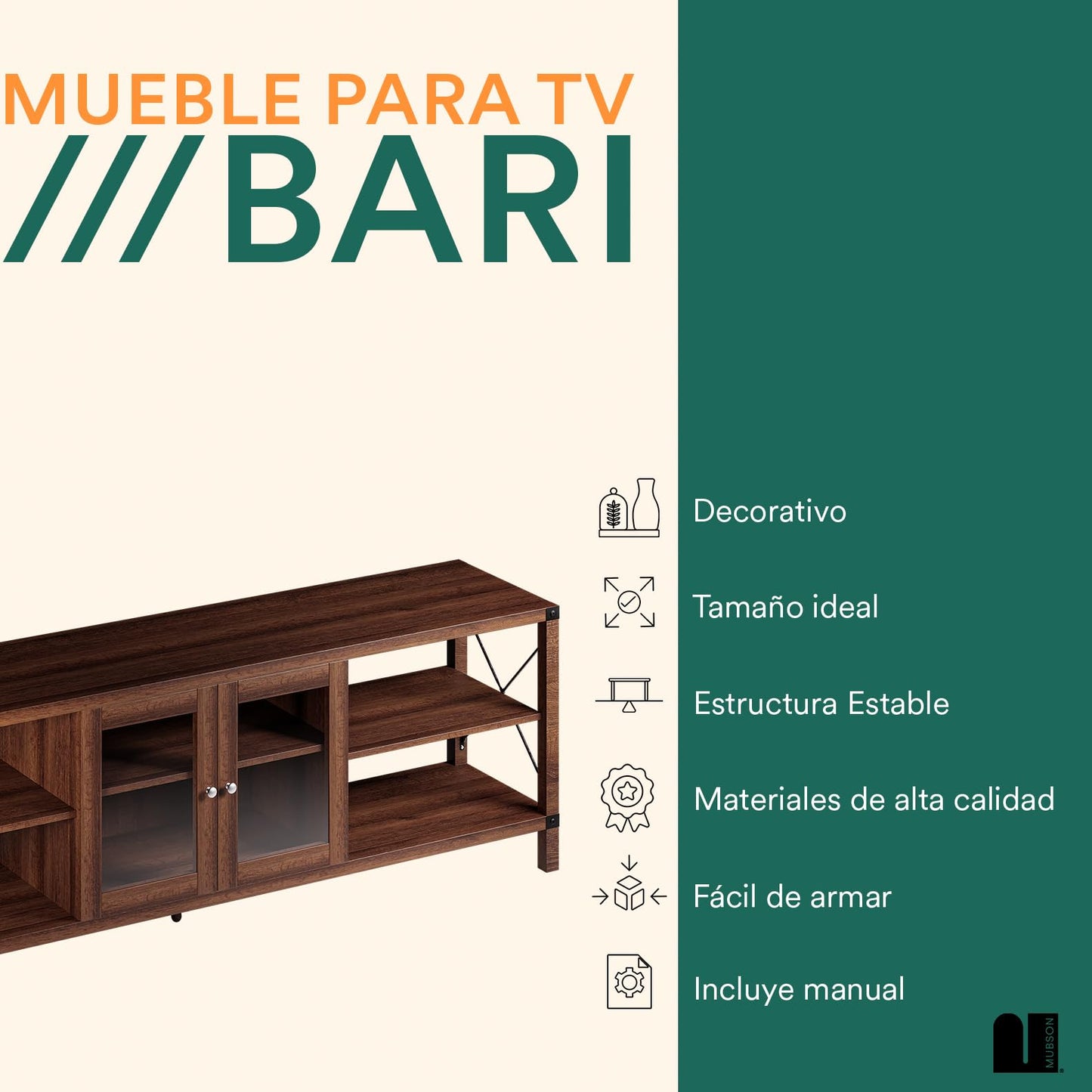 Mueble para TV MUBSON Bari de Madera con 4 Repisas y Vitrina en Marrón para Pantallas de hasta 75 Pulgadas