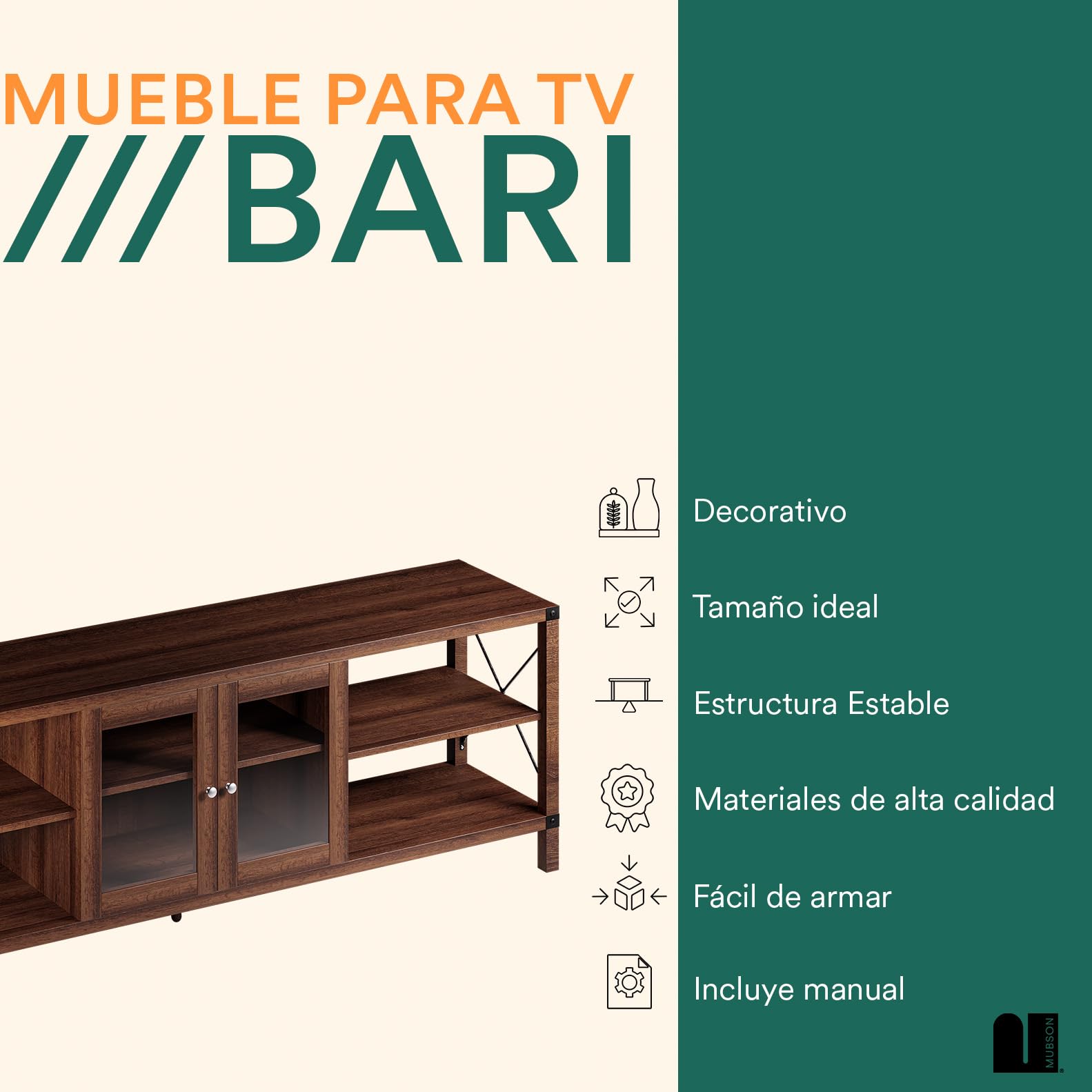 Mueble para TV MUBSON Bari de Madera con 4 Repisas y Vitrina en Marrón para Pantallas de hasta 75 Pulgadas