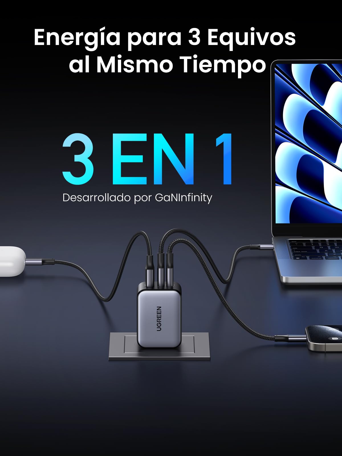 Cargador Tipo C UGREEN Nexode X Serie 65W Blanco con 3 Puertos GAN para Móviles y Portátiles