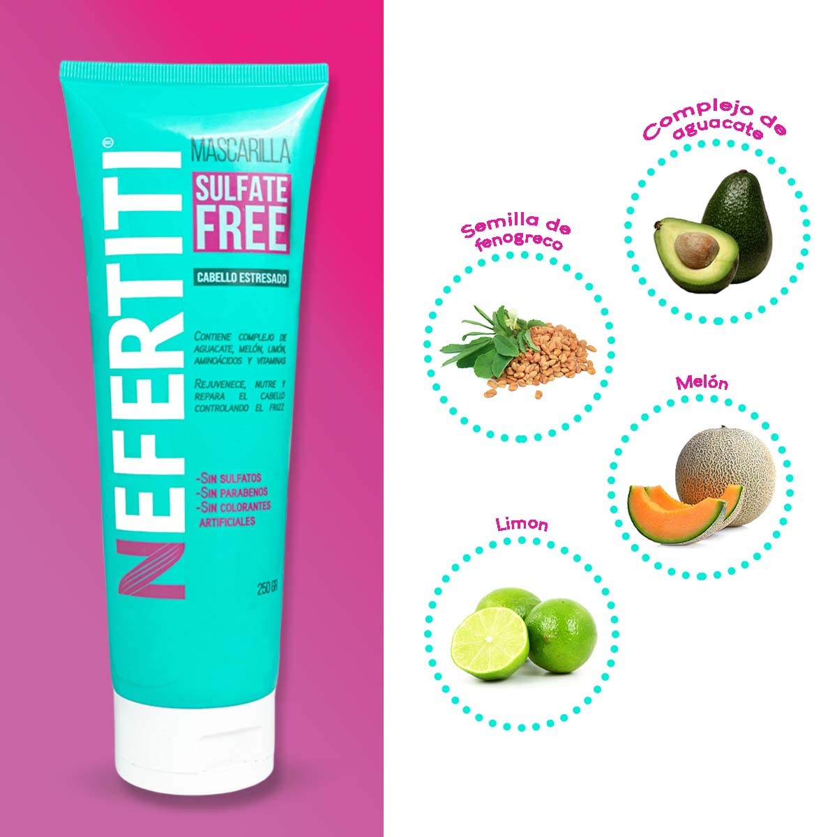 Kit para Cabello Dañado Estresado Shampoo Sin Parabenos y Mascarilla Sulfate Free Nefertiti, Fortalece, Revitaliza y da Mas Brillo al Cabello Débil y/o Maltratado