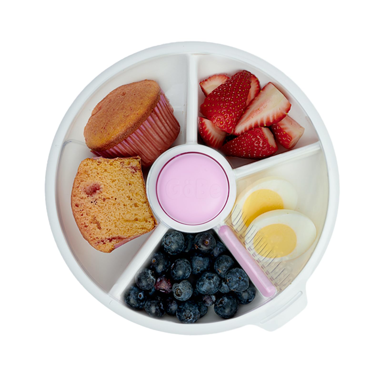GoBe Kids - Paquete grande para aperitivos con correa de mano y hoja adhesiva, contenedor reutilizable con dispensador de 4 compartimentos y tapa, sin BPA/PVC, apto para lavaplatos, sin derrames,
