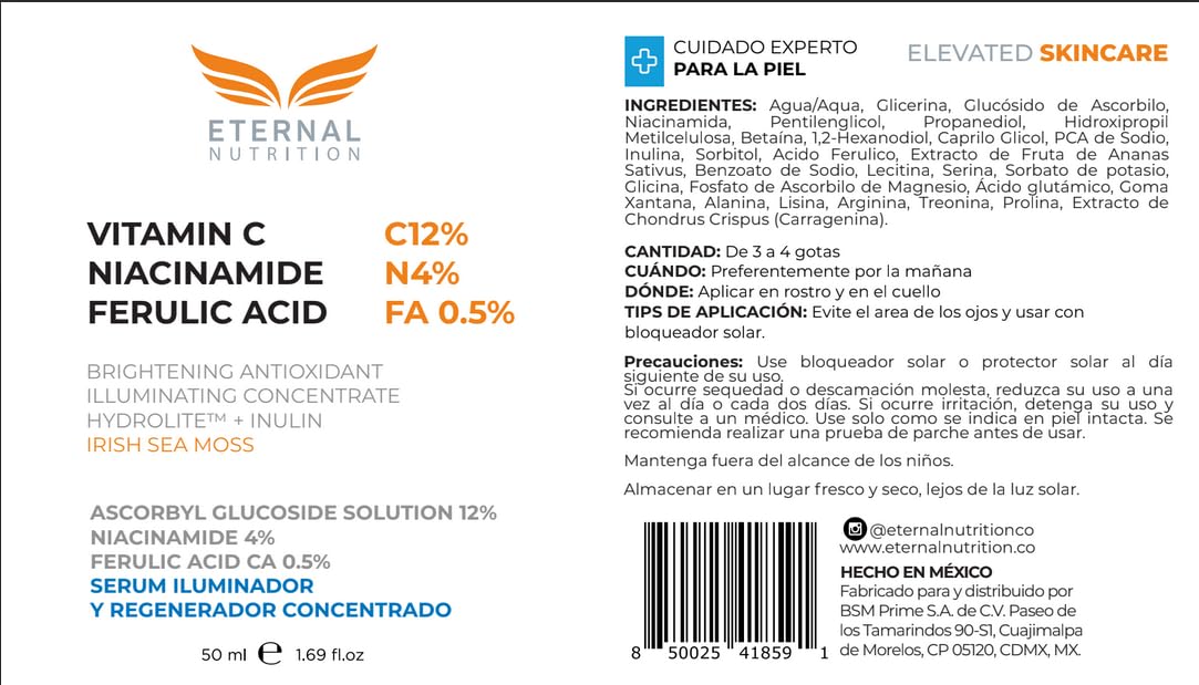 Serum VITAMIN C12%, Nacinamide 4%, Ferulic Acid 0.5%. 50ml. Suero Antimanchas e imperfecciones | Ingredientes Naturales | Skin Care | Luminosidad, Hidratación, Firmeza y Tono Uniforme | Para Todo Tipo de Piel by ETERNAL NUTRITION