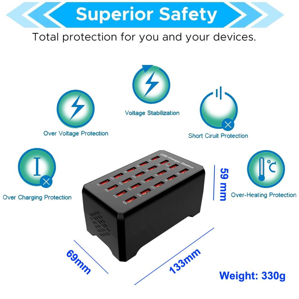 Estación de Carga USB MaxLax Negro de 20 Puertos 100W Compatible con Smartphones y Tabletast