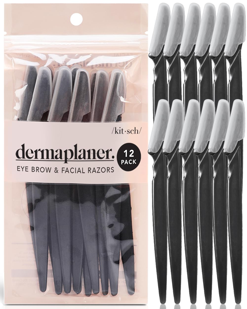 Kitsch Pro Dermaplaning, juego de herramientas de depilación facial para mujeres, maquinilla de afeitar de cejas y maquinilla de afeitar facial para mujeres, paquete de 12 (Negro)