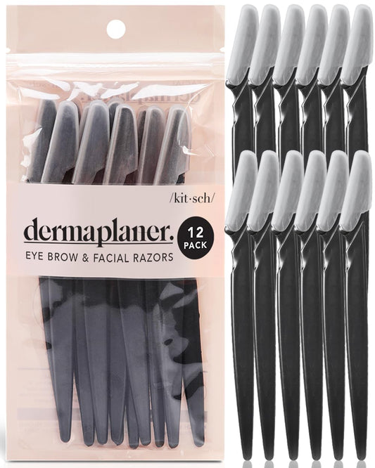 Kitsch Pro Dermaplaning, juego de herramientas de depilación facial para mujeres, maquinilla de afeitar de cejas y maquinilla de afeitar facial para mujeres, paquete de 12 (Negro)