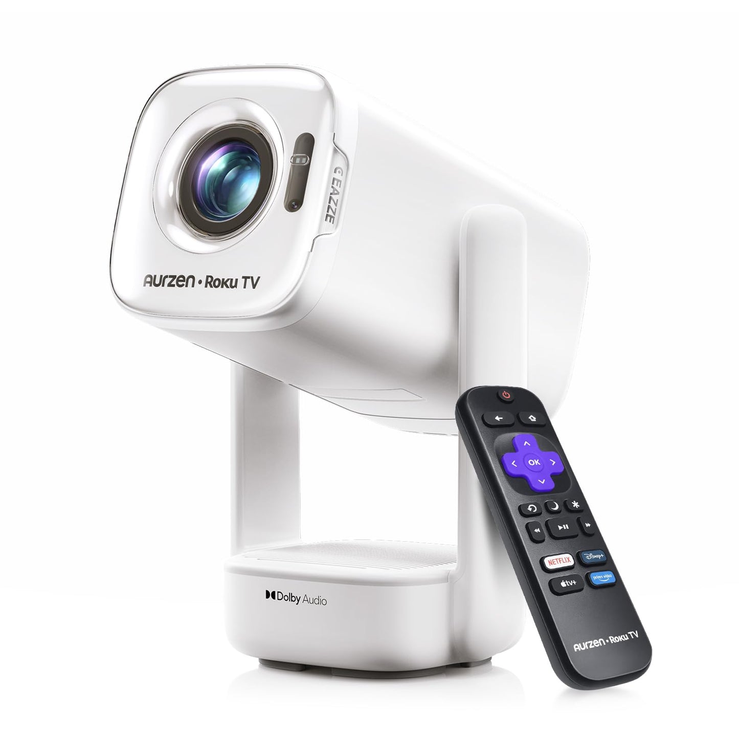 Aurzen Roku - Proyector inteligente para TV con Wifi y Bluetooth, D1R air Roku Streaming Experience incorporado, alimentado por USB-C, compatible con Native 1080P, compatible con 4K, audio DoIby