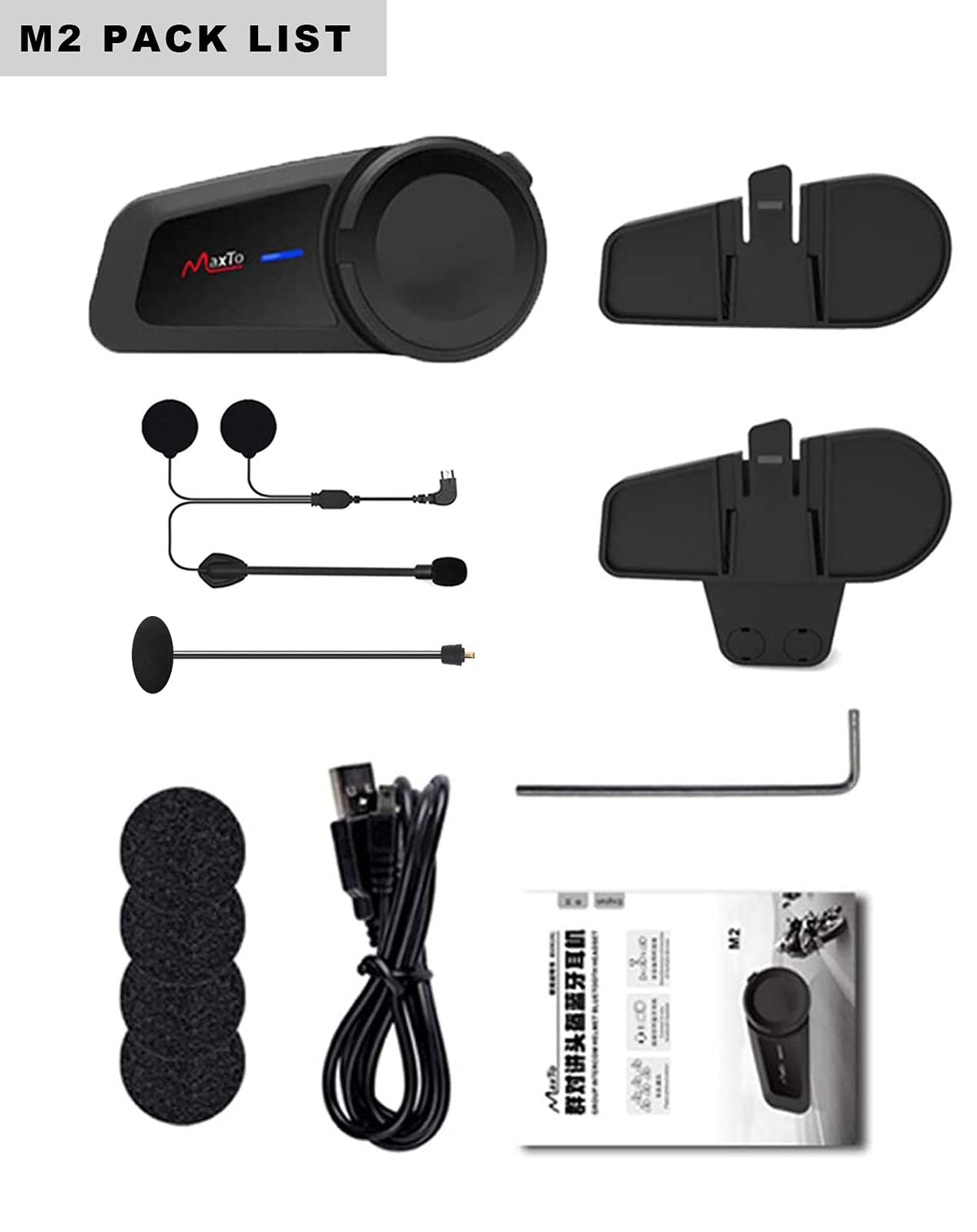 Auriculares Bluetooth MaxTo M2 Negro Impermeables con Intercomunicador para Motocicleta