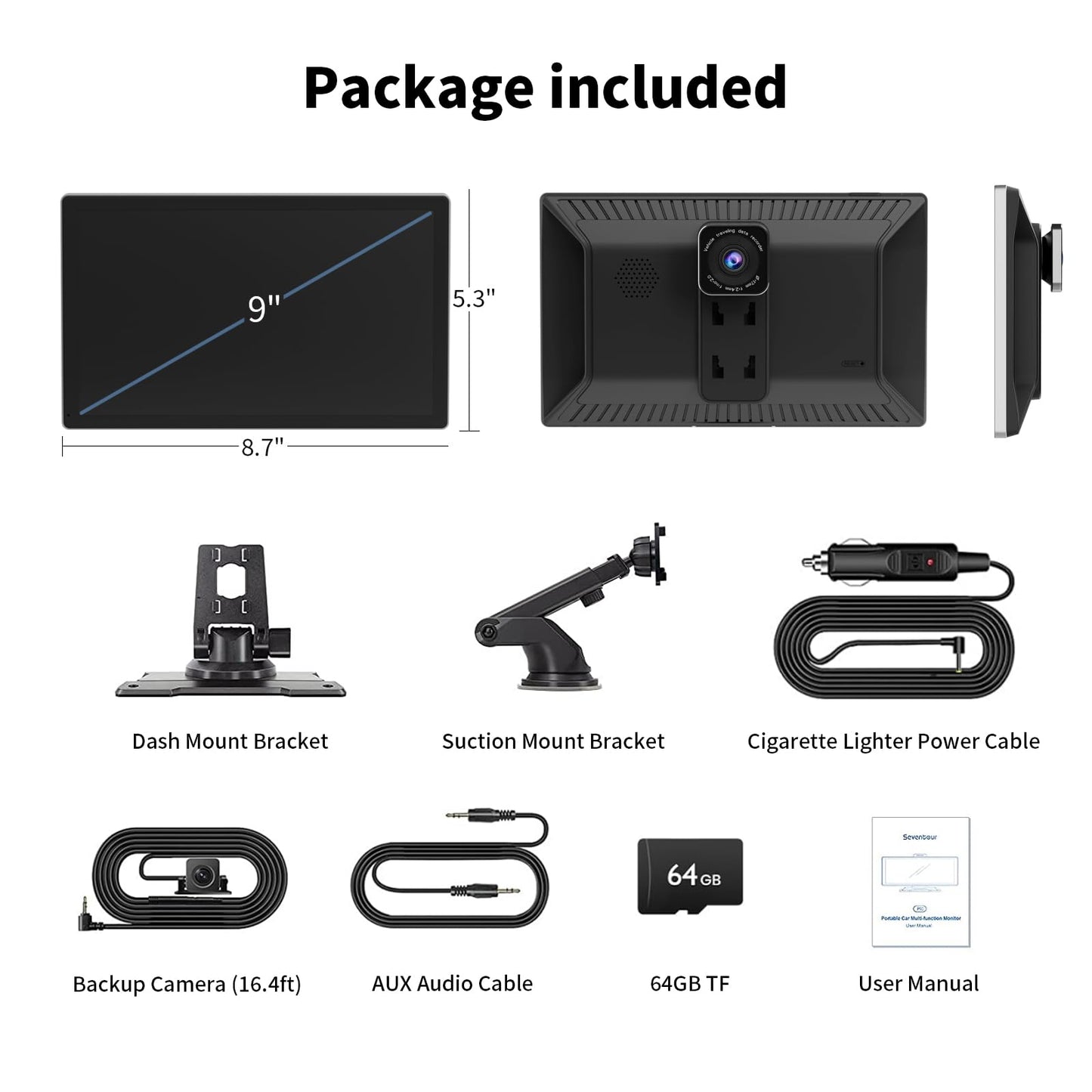 Visualización Portátil para Coche Apple Carplay Inalámbrica de 9 Pulgadas con Cámara de Salpicadero 4K y Cámara de Respaldo 1080p DVR