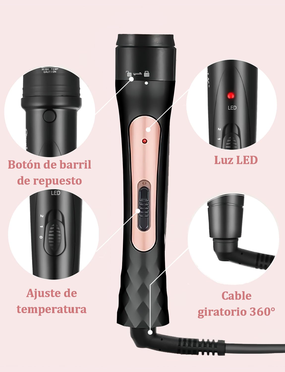 Rizador de Pelo 5 en 1 con Guantes y Peines - Calentamiento Instantáneo - Herramientas de Peinado Profesionales - Pelo Largo y Corto - Ceramicas - Color Oro