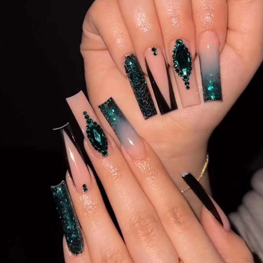 Gifiky Uñas Postizas de Gradiente, Ataúd Largo, Prensa En Uñas Francesas, Consejos, Diseño de Gema de Cristal, Cubierta Completa, Uñas Postizas Verdes para Mujeres y Niñas, 24 Piezas