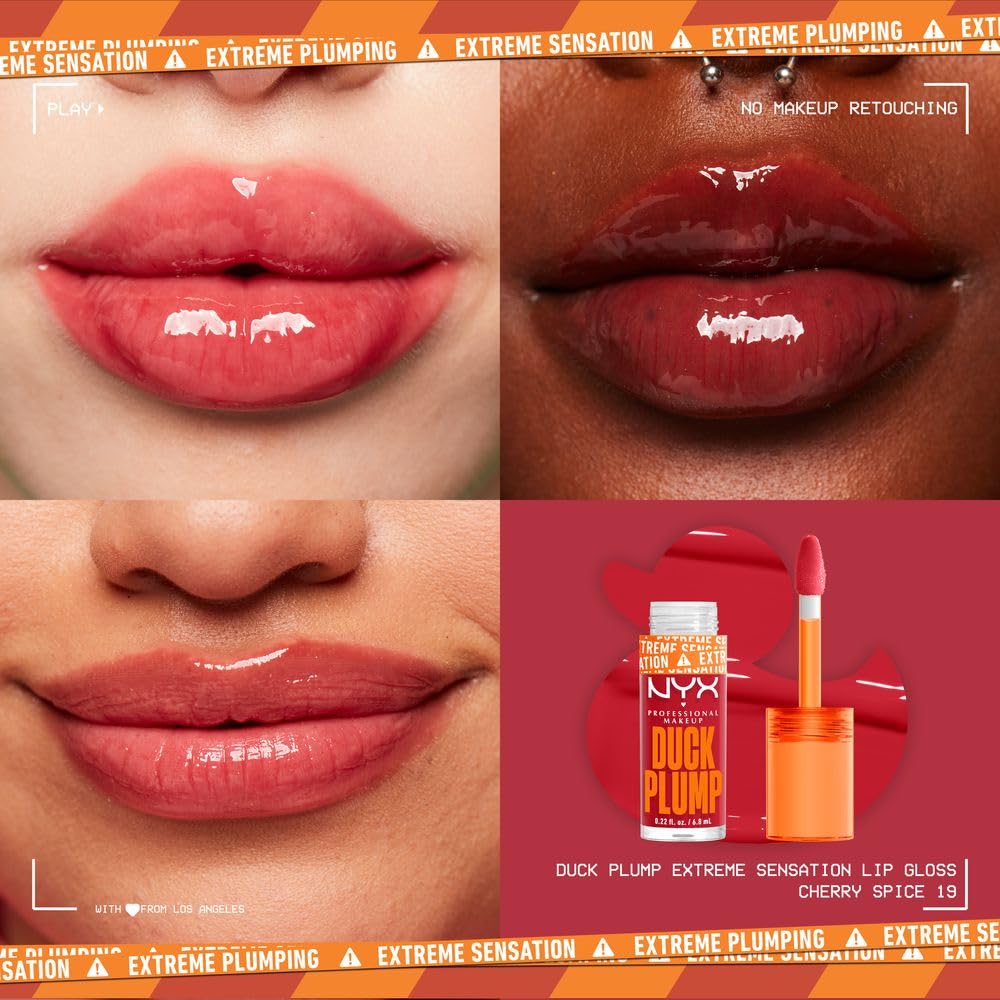 NYX Professional Makeup, Duck Plump, 7ml. Tono: Cherry Spice (Rojo). Brillo labial voluminizador con efecto plumping para un volumen instantáneo. Gloss infusionado con jengibre picante para un volumen visible y de larga duración. Fórmula vegana.