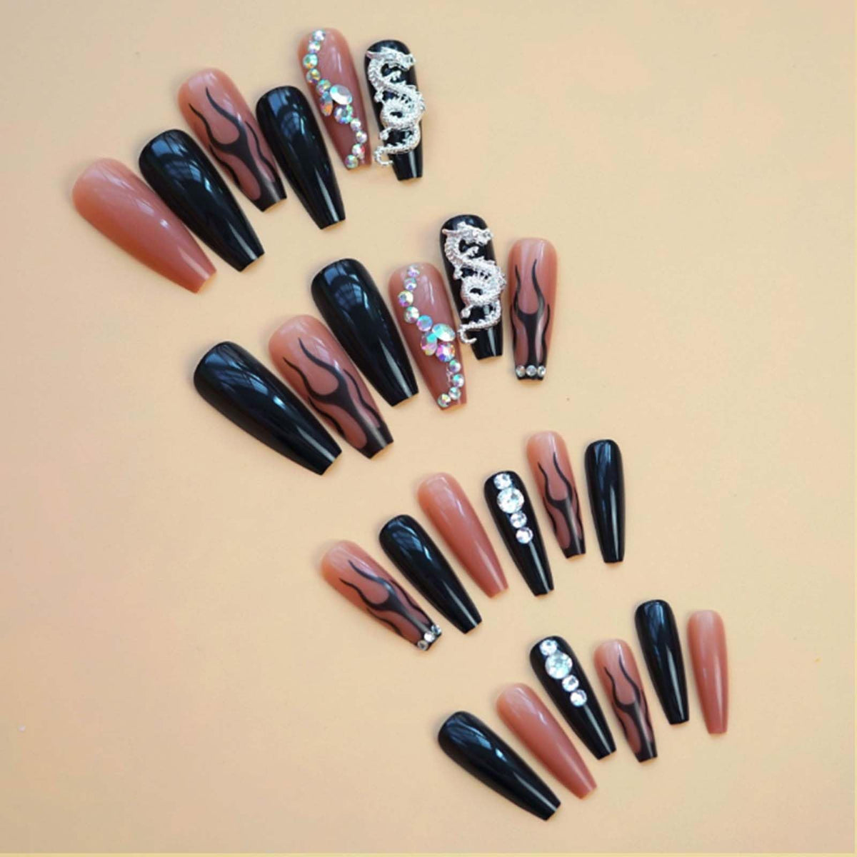Gifiky Diseño de Gema de Cristal, Uñas Postizas, Ataúd Largo, Prensa En Uñas, Puntas de Uñas de Dragón, Acrílico, Cubierta Completa, Uñas Postizas, Llama Negra, para Mujeres y Niñas, 24 Piezas