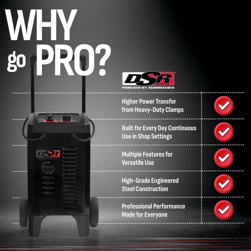 Schumacher Electric DSR ProSeries 6V/12V Cargador de batería manual y motor de arranque – Arrancador de motor resistente 225A – Compatible con camiones, SUV y baterías grandes, abrazaderas codificadas