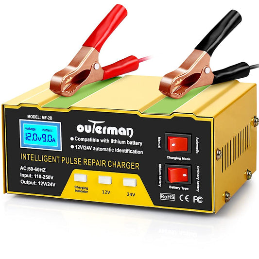 Outerman - Cargador de batería de coche de 12 V - 24 V, cargador de batería automático para coche, barco, motocicleta, podadora, batería de plomo ácido o batería de litio. Capacidad: 6AH~105AH