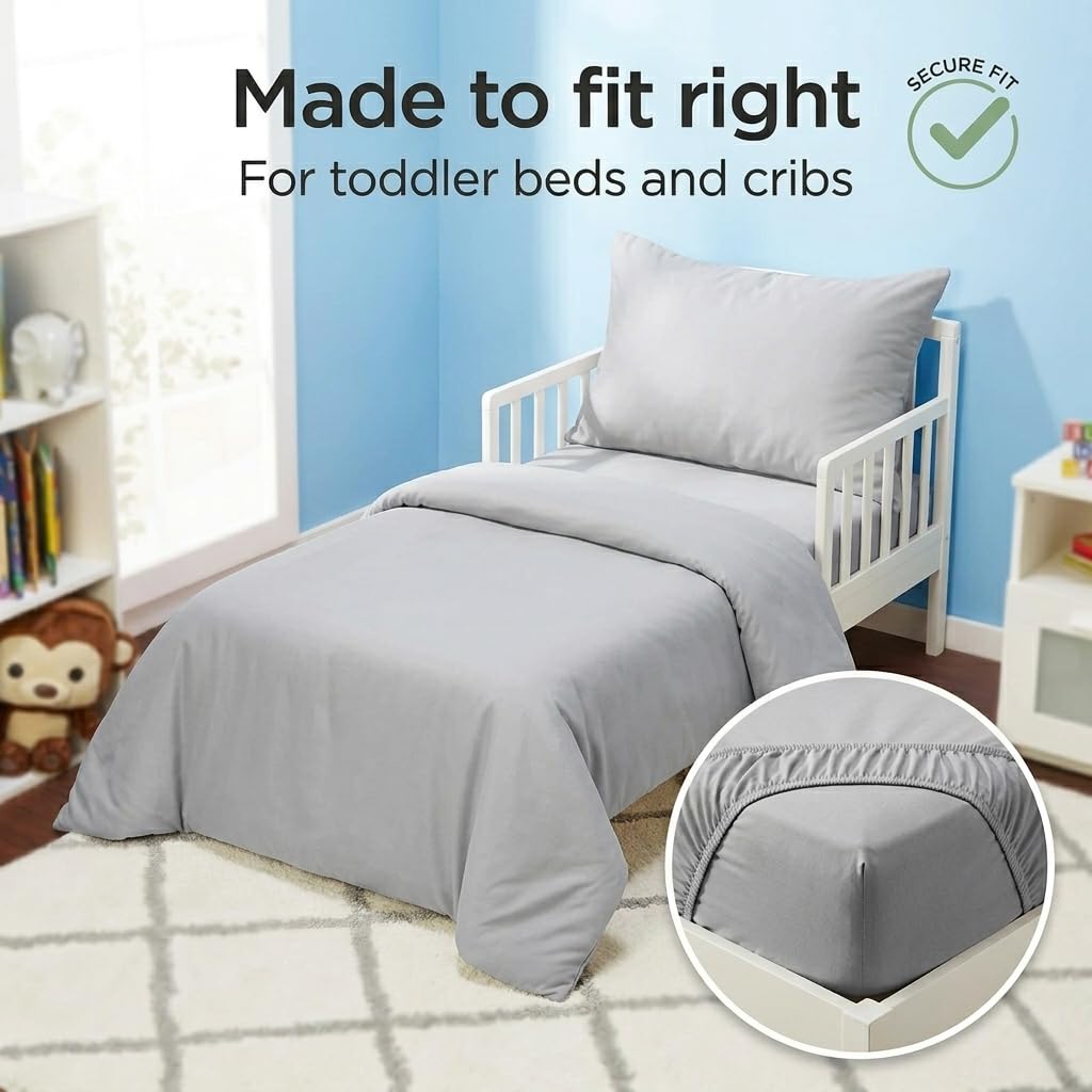 EVERYDAY KIDS - Juego de ropa de cama de 4 piezas para niños pequeños, incluye edredón, sábana encimera, sábana bajera y funda de almohada, color gris liso
