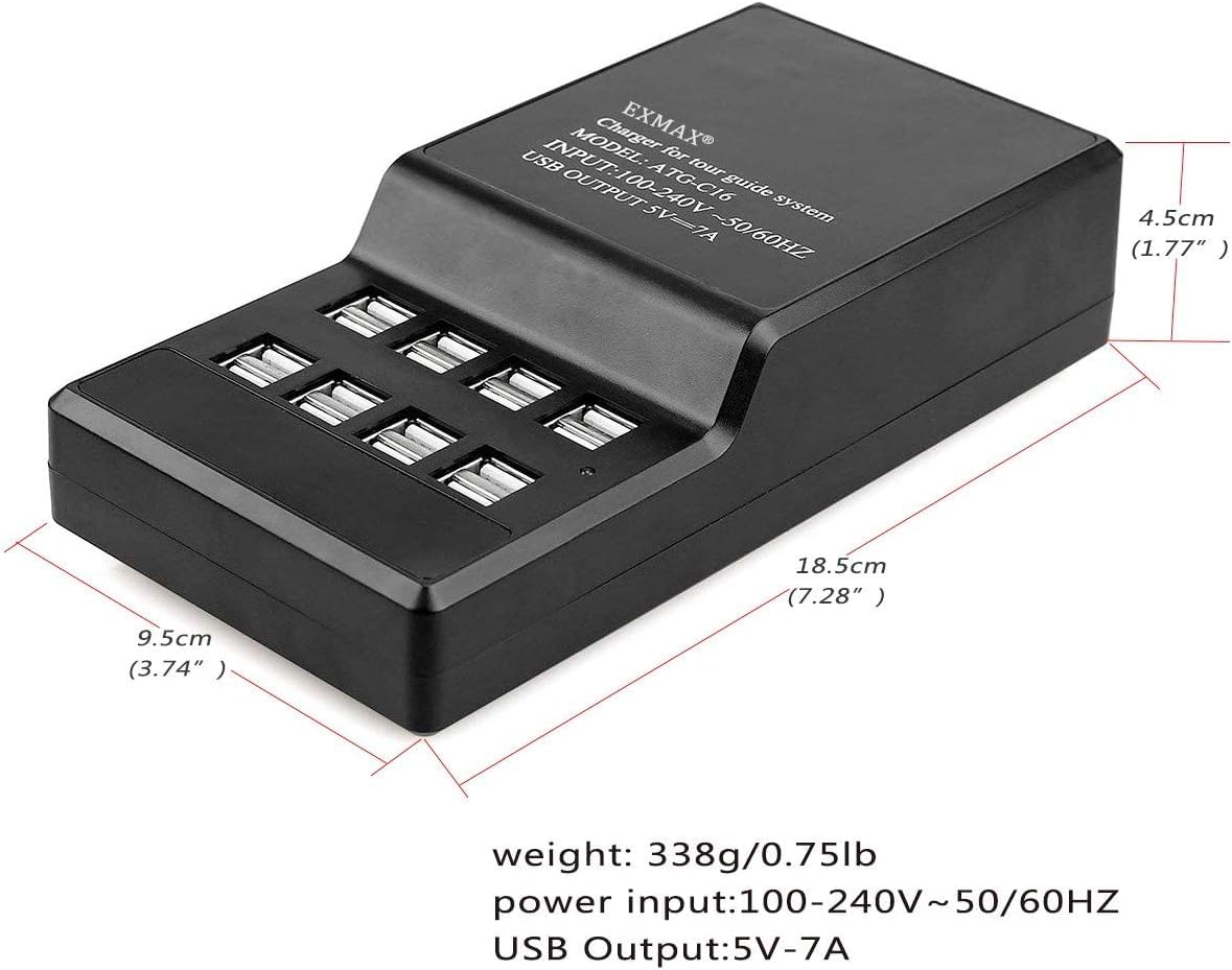 Sistema de Monitorización Auriculares Inalámbricos EXMAX ATG-100T 195-230 MHz para Interpretar en Iglesias y Conferencias con Cargador USB de 16 Puertos