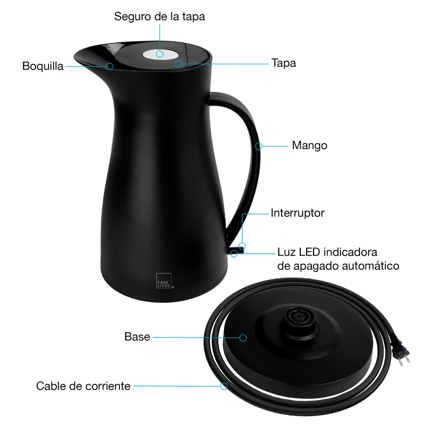 CASA LITUS Tetera Eléctrica Interior de Acero Inoxidable (1 L.), Jarra para Hervir Agua de Diseño Innovador, Hierve Agua en Menos de 5 Minutos, Sistema de Apagado Automático y Luz LED, para Café o Té