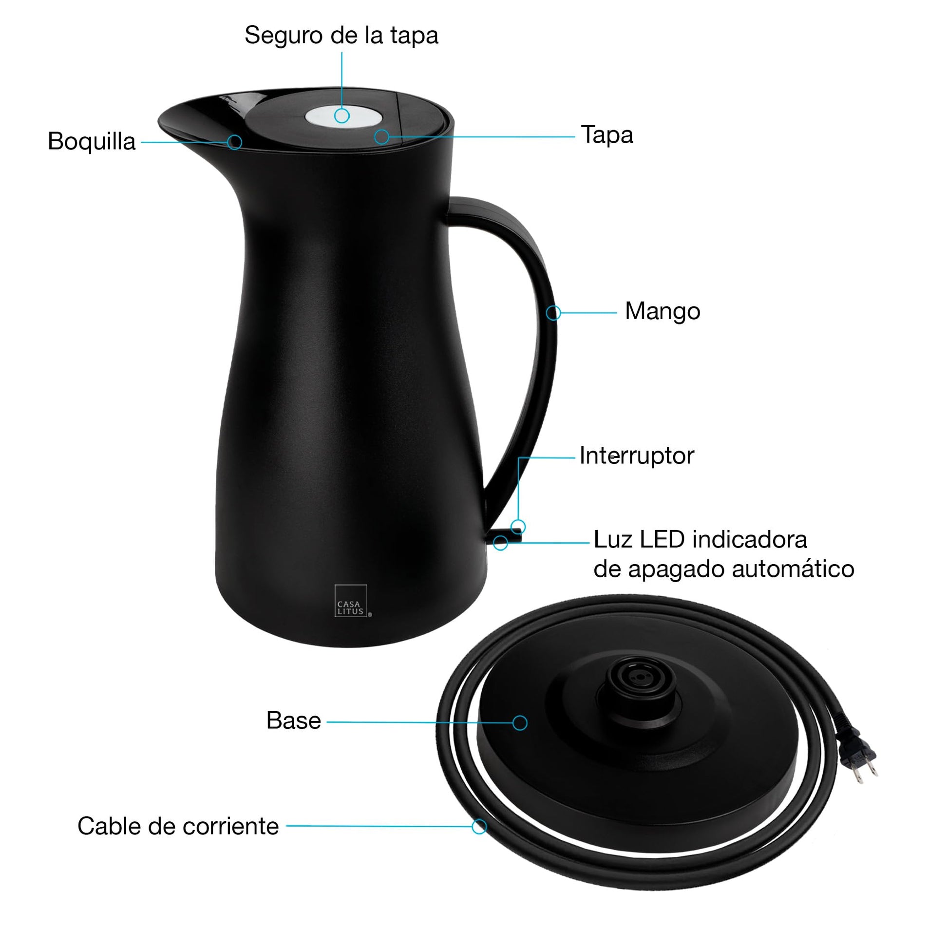 CASA LITUS Tetera Eléctrica Interior de Acero Inoxidable (1 L.), Jarra para Hervir Agua de Diseño Innovador, Hierve Agua en Menos de 5 Minutos, Sistema de Apagado Automático y Luz LED, para Café o Té