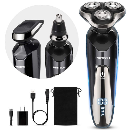 Máquina de afeitar eléctrica para hombre para hombres afeitadoras eléctricas recargables de afeitar, inalámbricas, IPX7, resistente al agua, seco mojado, 3 en 1, afeitadoras rotatorias para barba, nariz, bigote, carga USB, color negro por PRITECH